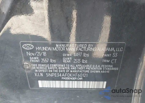 2019 Hyundai Sonata Sport из США, поврежденный, VIN 5NPE34AF0KH760121